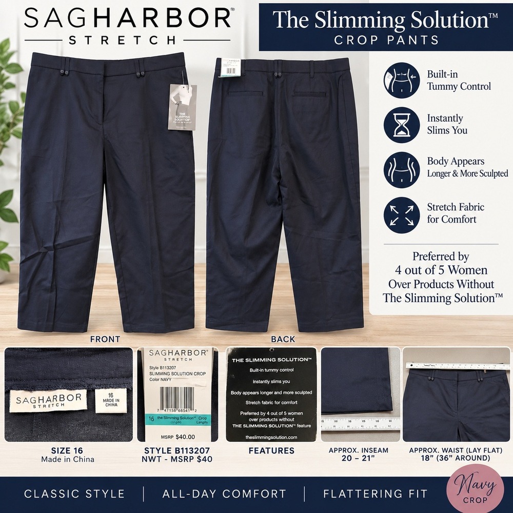 Sag Harbor Slimming Solution Crop Pants Navy Blue Stretch Control B113207 16